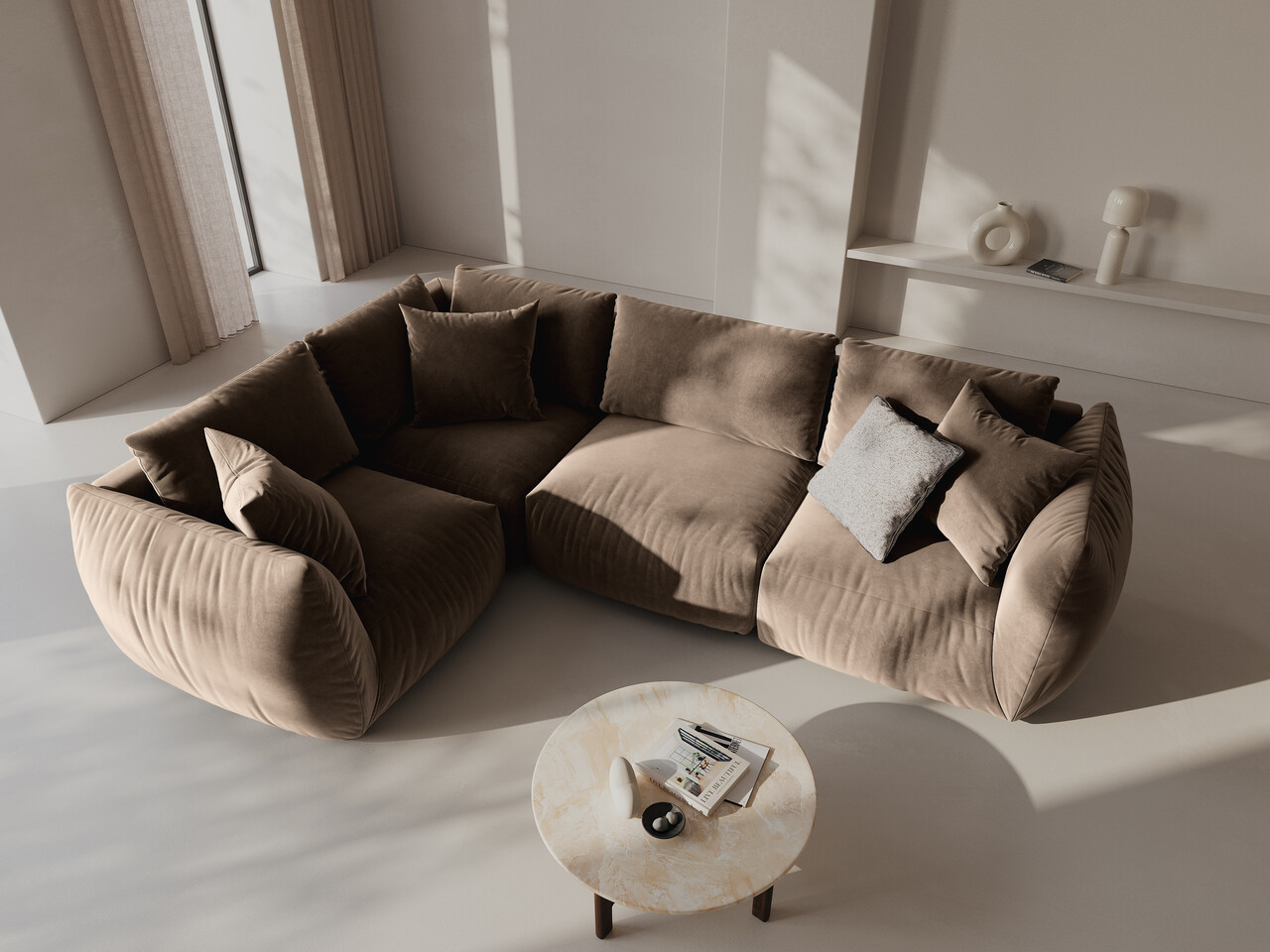 Coltar stanga 4 locuri, Chris-184, Micadoni Home, 295x210x80 cm, catifea, maro deschis Colțare